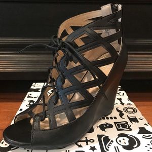 Brand new Bamboo black lace up wedges size 7